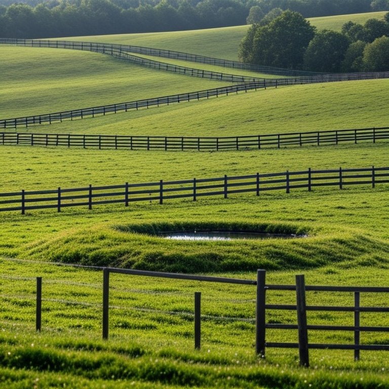 Pastoral farm with rotational grazing system, perimeter security, and terrain-following fencing strategy Wide-angle realistic pastoral farm with rotational grazing paddocks and terrain-aligned fencing for efficient grazing management