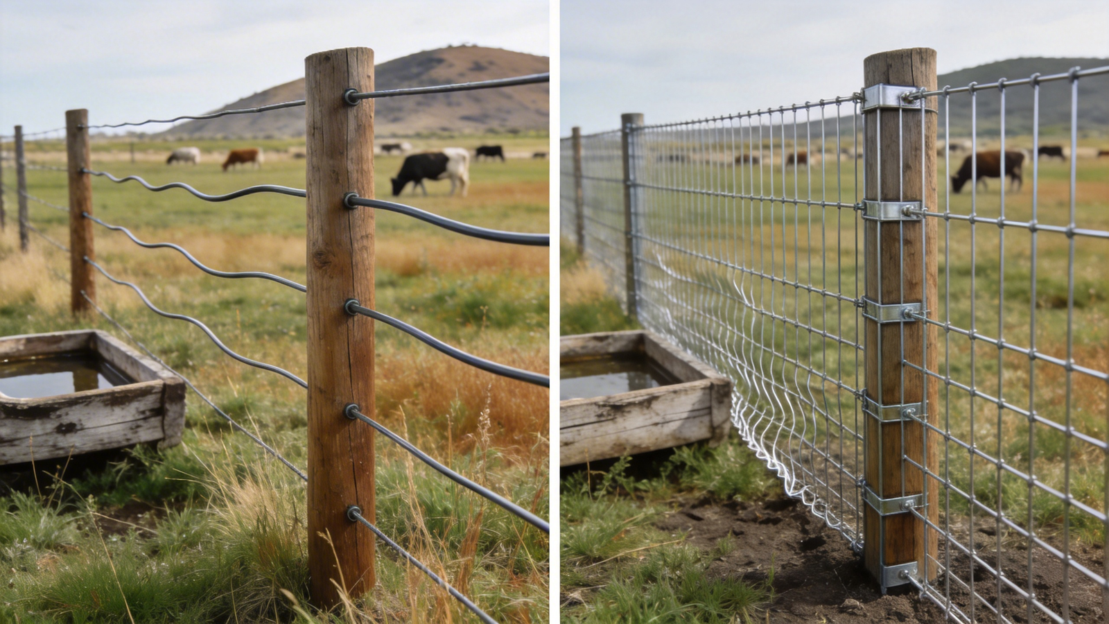 Side-by-side comparison of high-tensile wire fencing and welded wire fencing in an agricultural pasture, highlighting structural differences for farm durability and long-term value