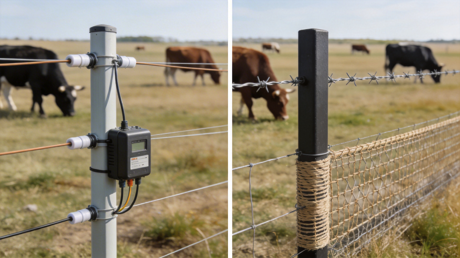 Side-by-side comparison of electric livestock fencing and traditional wire fencing in a pasture with grazing cattle, illustrating structural differences for agricultural use