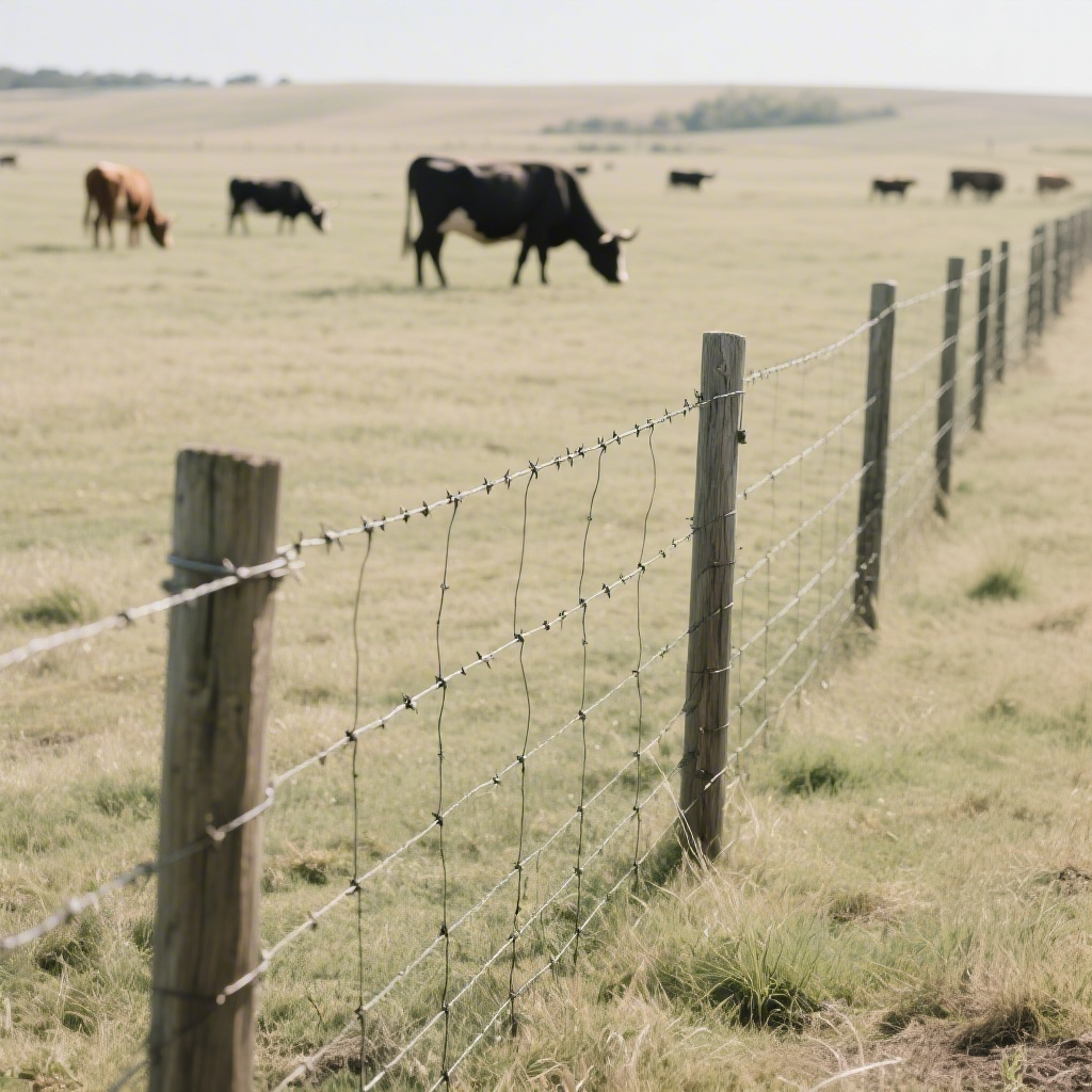 农业场景中用于大规模 livestock 养殖的低成本实用带刺铁丝网围栏（背景有牛 grazing）