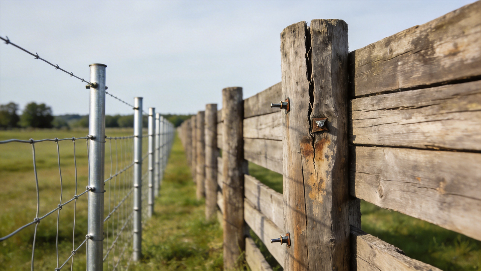 Side-by-side rural comparison of wooden and metal wire livestock fences illustrating durability and maintenance differences in open pasture