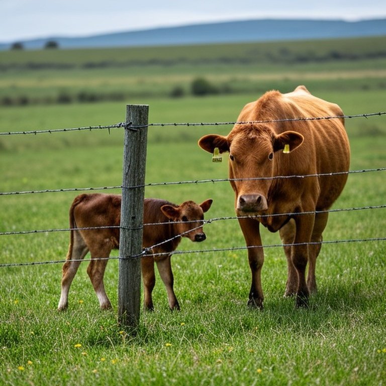 Realistic pastoral farm scene with smooth wire and barbed wire fencing, showing safety contrast for livestock in agricultural settings