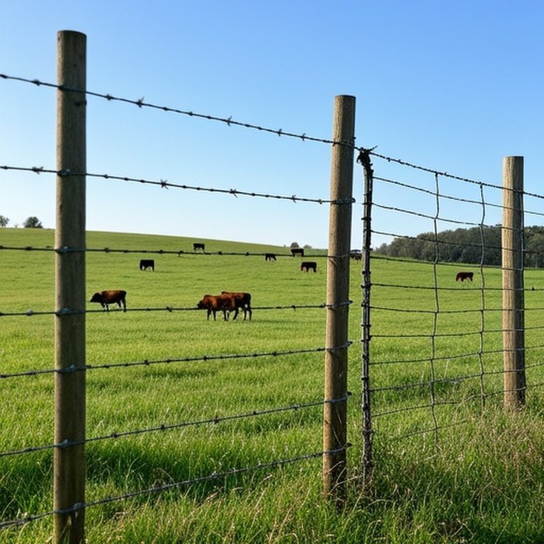 Split agricultural pasture with barbed wire and woven wire fences for different livestock containment needs