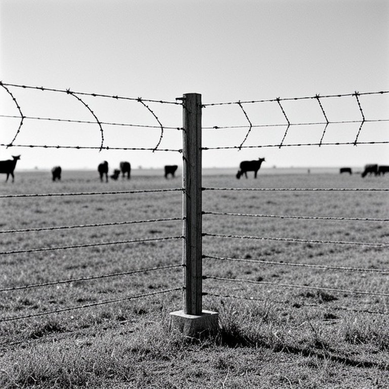 Documentary-style photograph of barbed wire perimeter fence on agricultural landscape