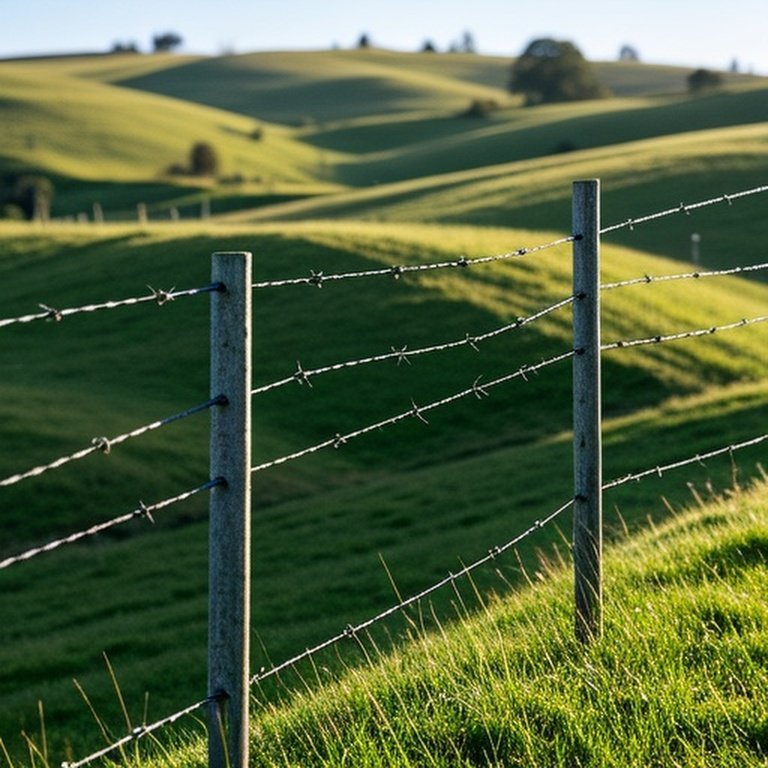 Professional documentary-style image of high-tensile wire fence installed on a moderately sloped grassy pasture, illustrating terrain-adapted installation with brace posts and downhill anchors to maintain integrity on slopes