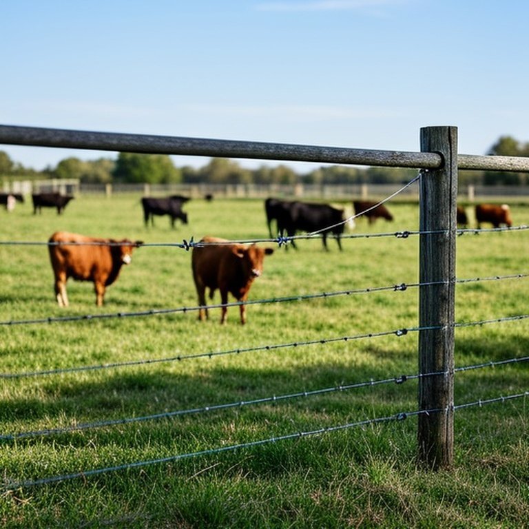 Realistic documentary-style photograph of pastoral farm pasture with permanent perimeter fence and temporary electric fencing for rotational grazing management