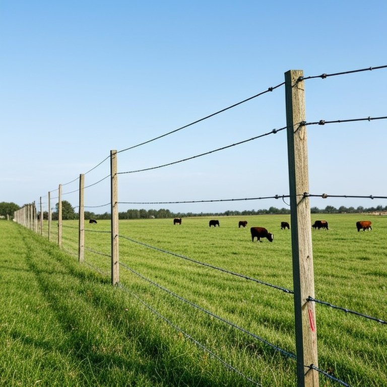 Wide-angle realistic photograph of a permanent electric perimeter fence on a pastoral farm with cattle grazing, demonstrating livestock containment structure