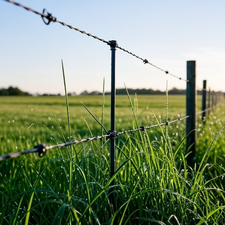 Realistic documentary-style photograph of single-strand electric fence interaction with tall wet weeds in grassy pasture Single-strand electric fence in grassy pasture with tall wet weeds