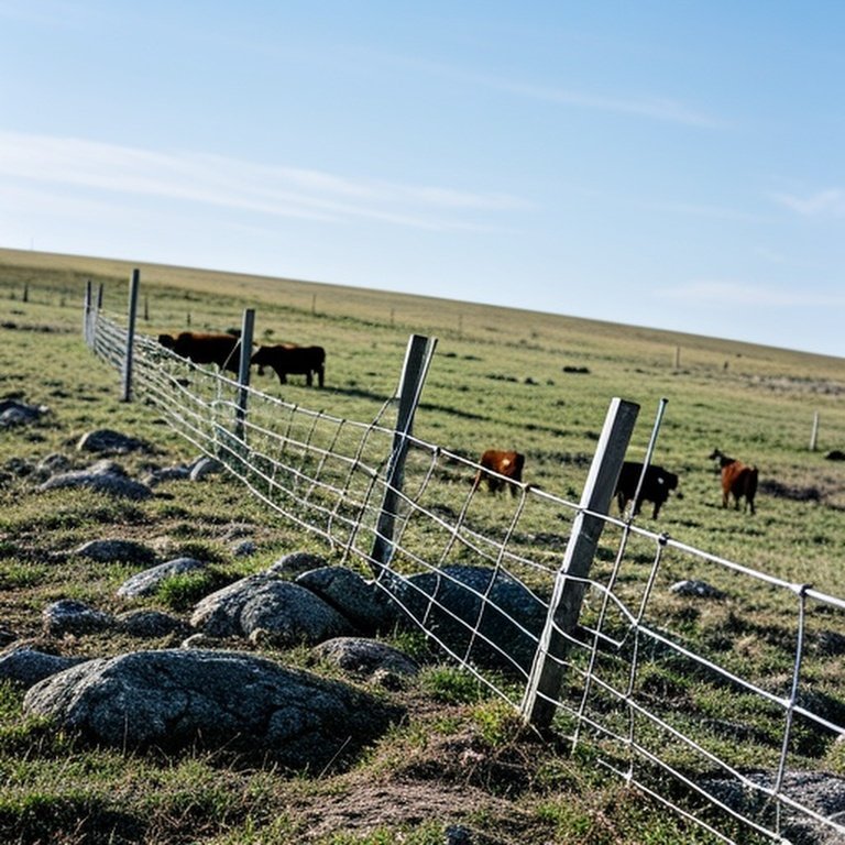Realistic rural farm scene with uneven terrain, sagging wire fence, and cattle, illustrating challenges in agricultural fencing construction and budgeting