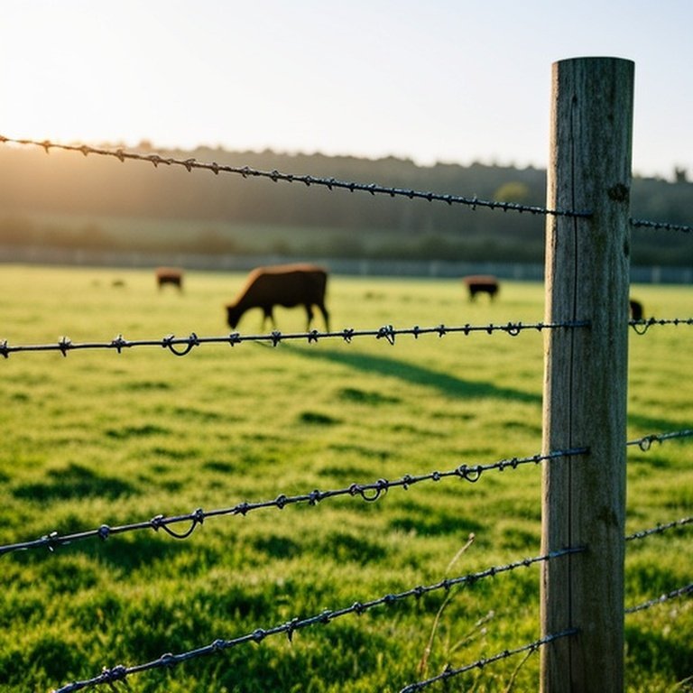 Realistic documentary-style high-tensile wire fence in pastoral agricultural setting with grazing livestock and sunlit rural landscape