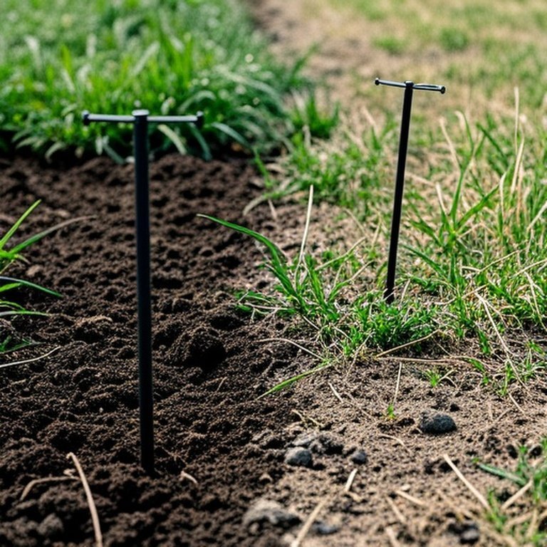Realistic documentary-style photograph of two electric fence ground rods in contrasting agricultural pasture soils—one in moist dark loam with healthy vegetation, the other in dry light sandy soil with sparse grass—highlighting texture and conductivity differences affecting grounding performance
