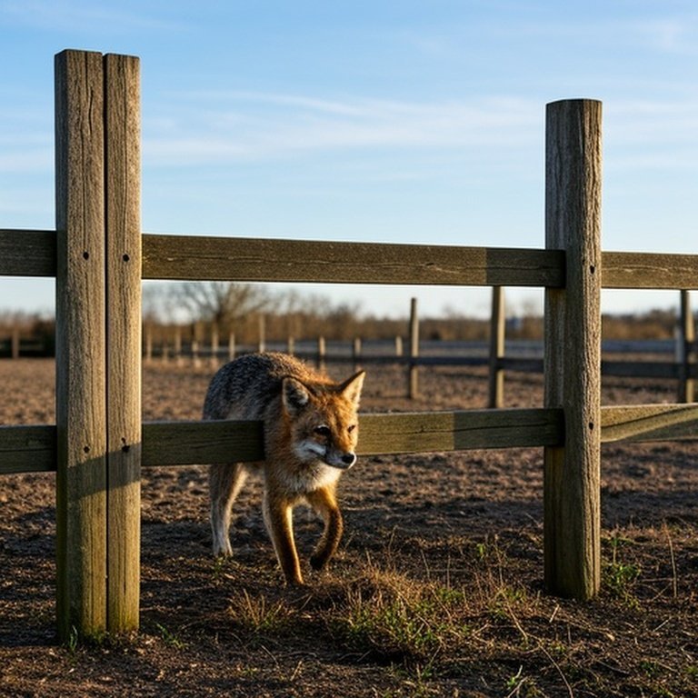 5-foot tall wooden fence with visible base gaps in rural farm landscape, highlighting vulnerability to ground predator breaches