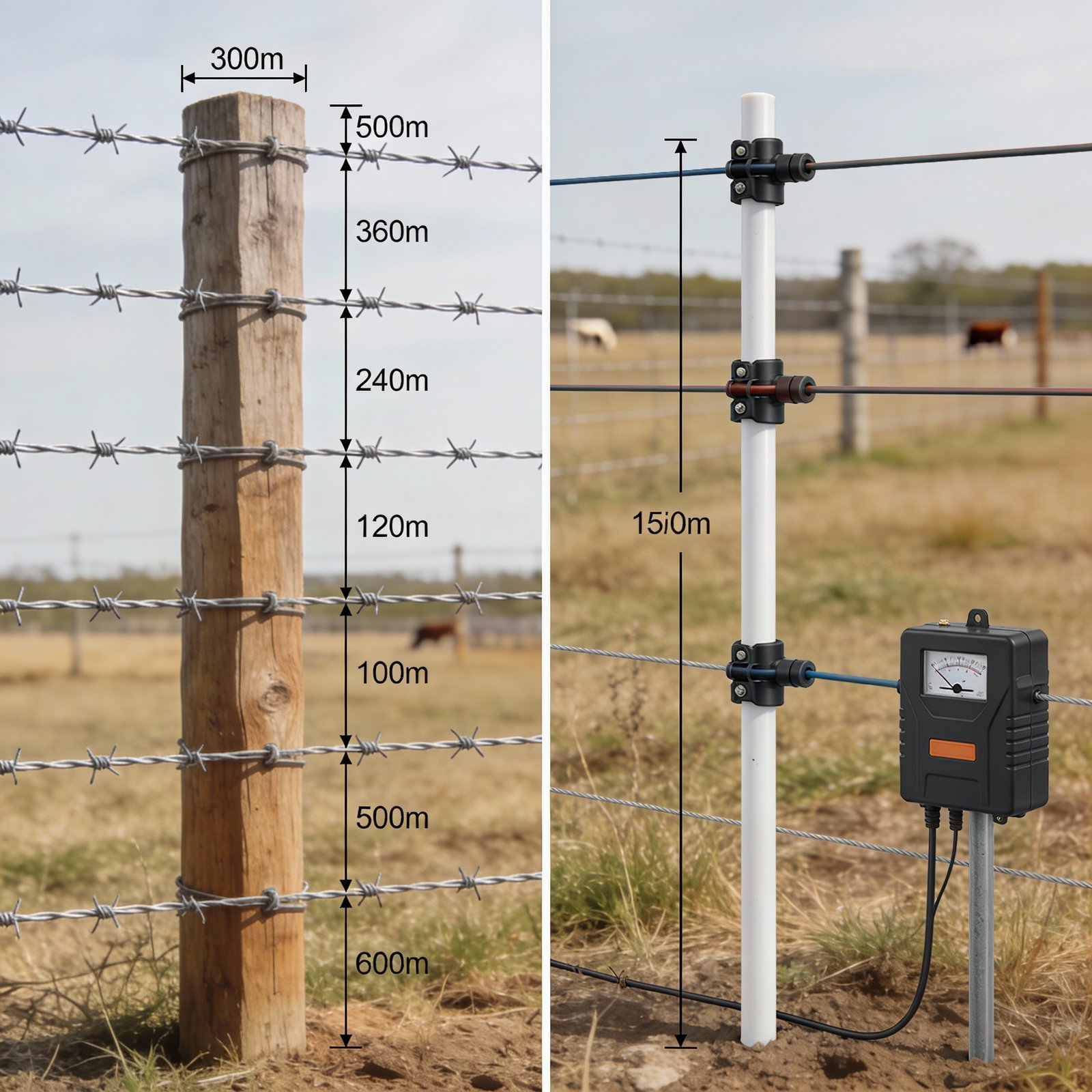 Side-by-side view of a barbed wire fence and an electric fence setup for cattle in pasture conditions