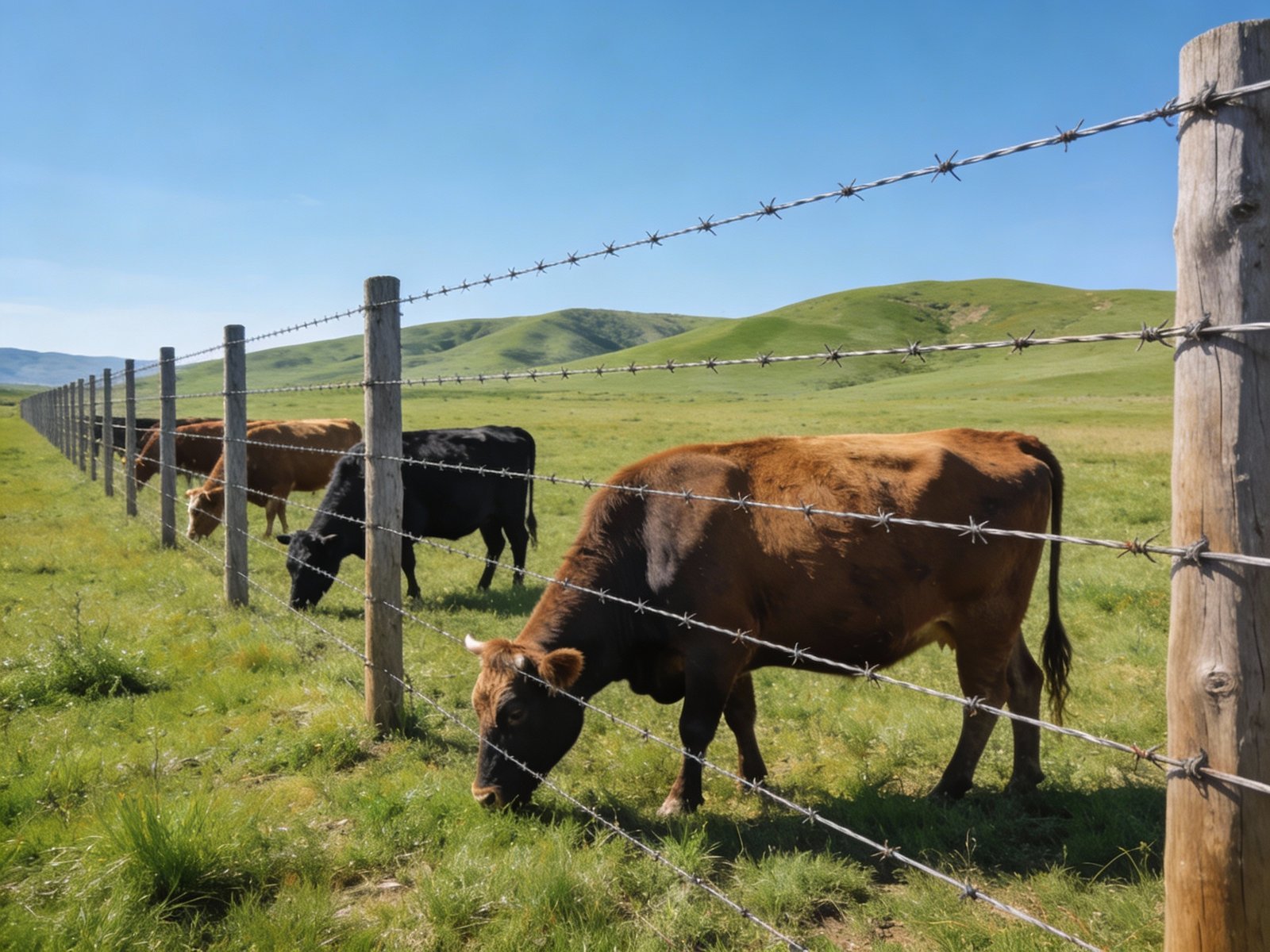 Mature cattle grazing behind a properly installed barbed wire fence in an open pasture
