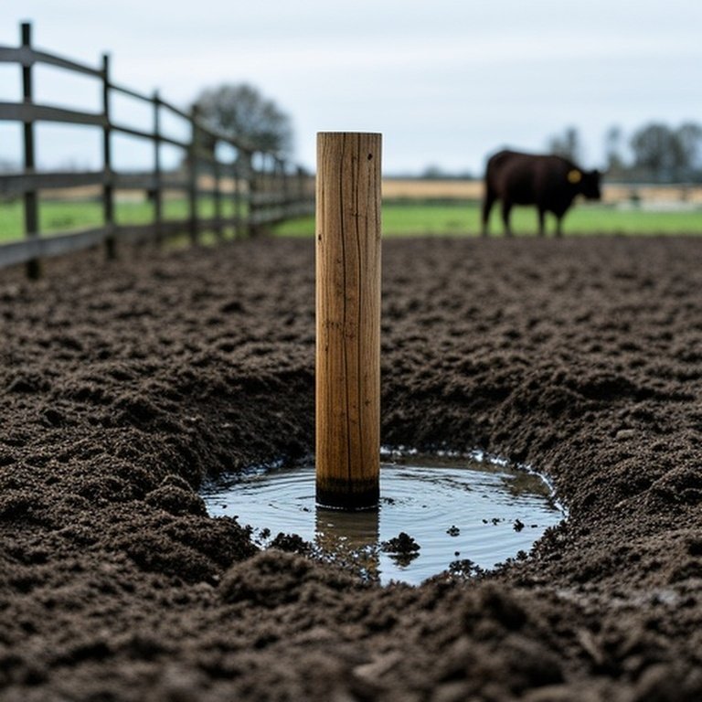 Realistic wooden fence post installation in muddy agricultural soil for structural stability