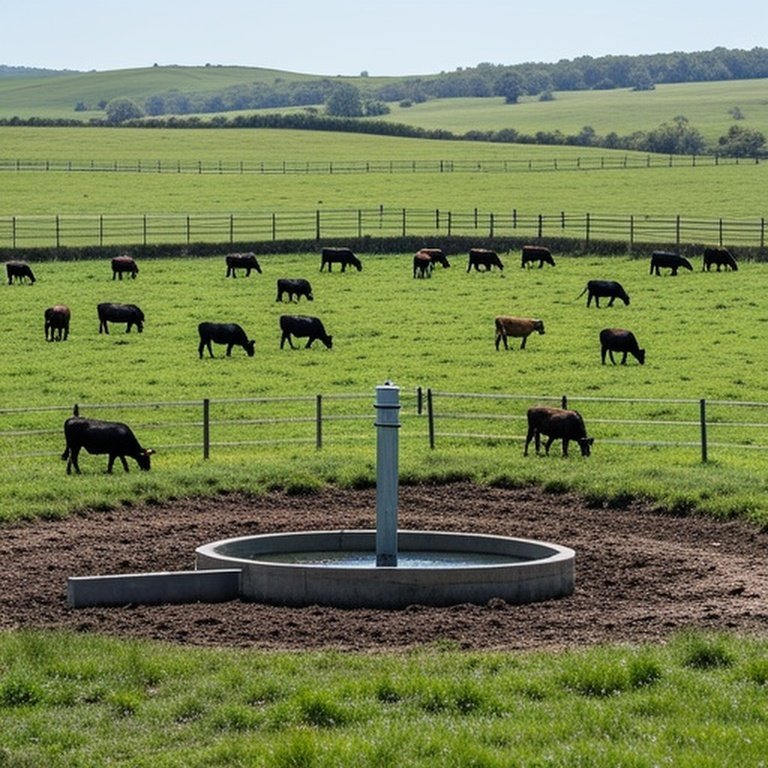 Rotational grazing layout with central water trough hub serving fenced pastures