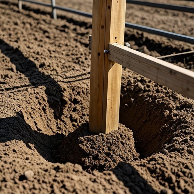 Realistic documentary-style photograph of a farm fence post installation in heavy clay soil, demonstrating compaction techniques and structural reinforcement
