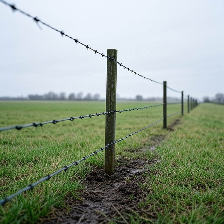 Leaning modern farm fence post with muddy base in rural pasture, environmental factors affecting fence integrity