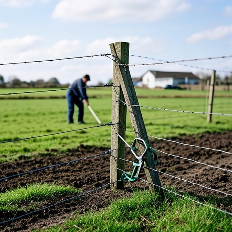 Realistic documentary-style photo of rural farm fence section repair with leaning post, sagging wire, and farmer using fence stretcher in distance under natural daylight Realistic documentary-style photo of rural farm fence section repair with leaning post, sagging wire, and farmer using fence stretcher in distance under natural daylight