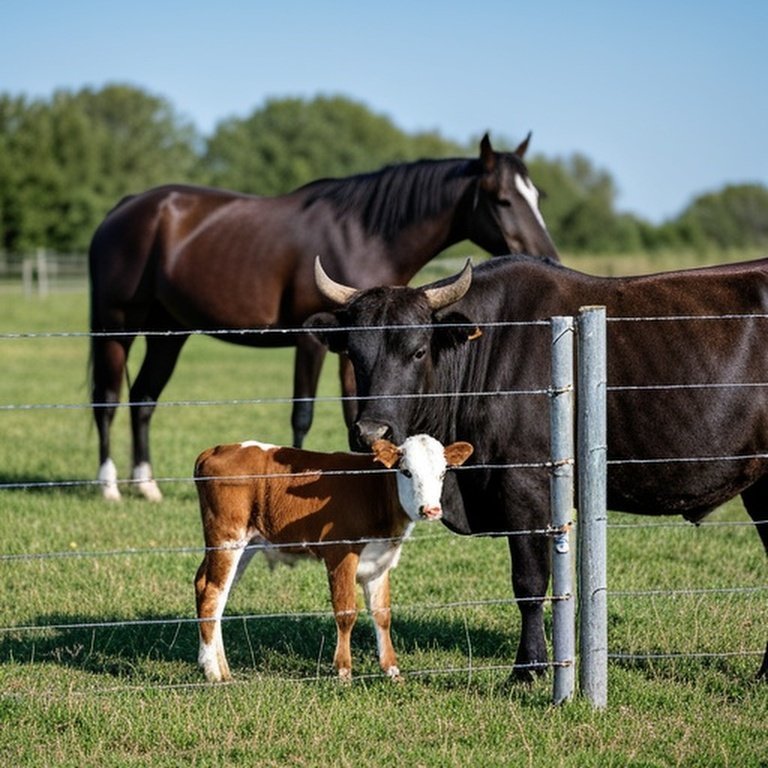 Realistic documentary-style rural farm pasture with mixed-species fencing system for livestock containment