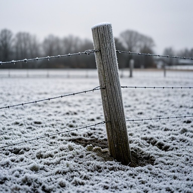 Wooden fence post tilted by frost heave in a cold-climate farm field with cracked soil and misaligned wire fencing