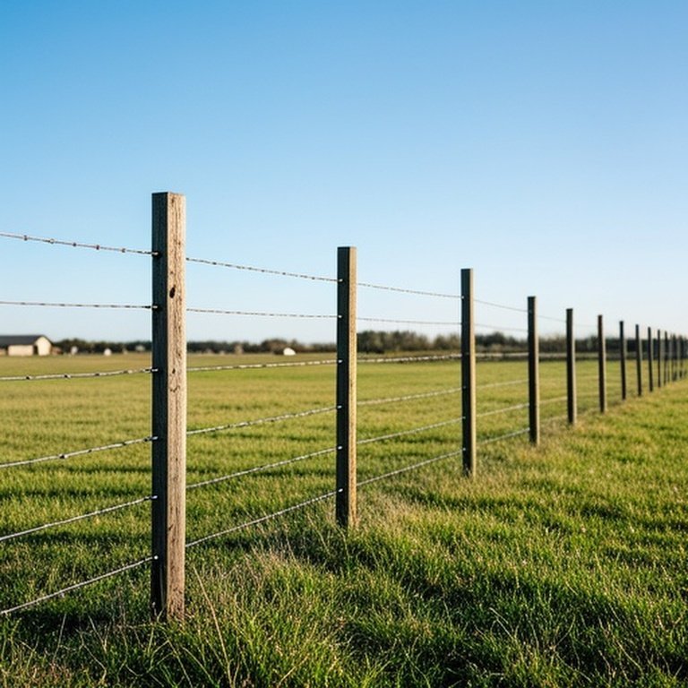 Agricultural wire fencing system with evenly spaced wooden posts in grassy pasture