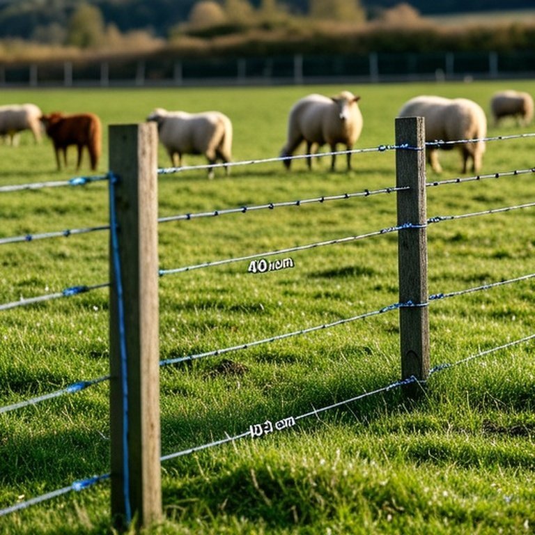 Realistic professional stock-photo of agricultural pasture with three electric fence sections for cattle, horses, sheep illustrating height recommendations