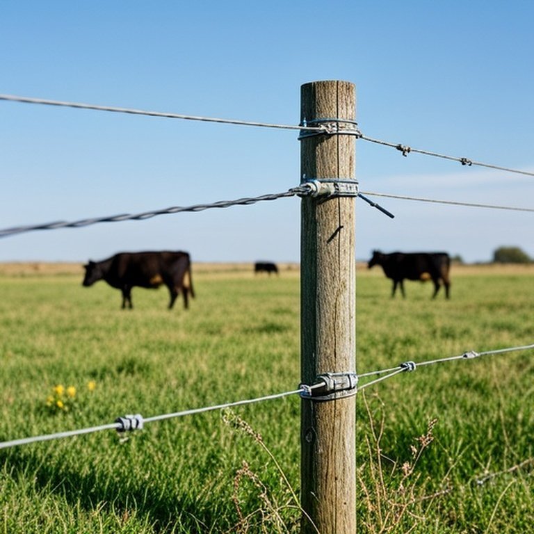 Temporary electric fence setup in grassy agricultural pasture for livestock
