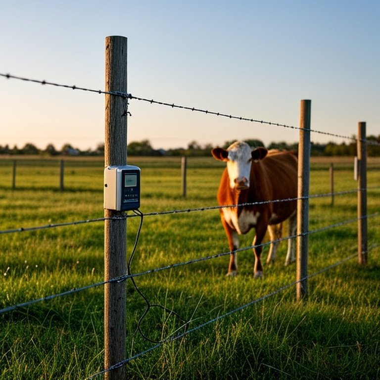 Realistic agricultural scene showing proper electric fencing setup (wooden posts, galvanized wires, solar charger) with a mature cow at the fence line in a grassy pasture