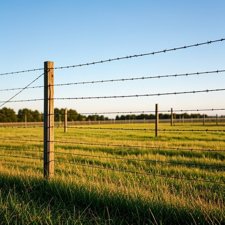 Realistic documentary-style barbed wire fence perimeter in agricultural pasture, illustrating livestock fencing layout and perimeter relative to acreage