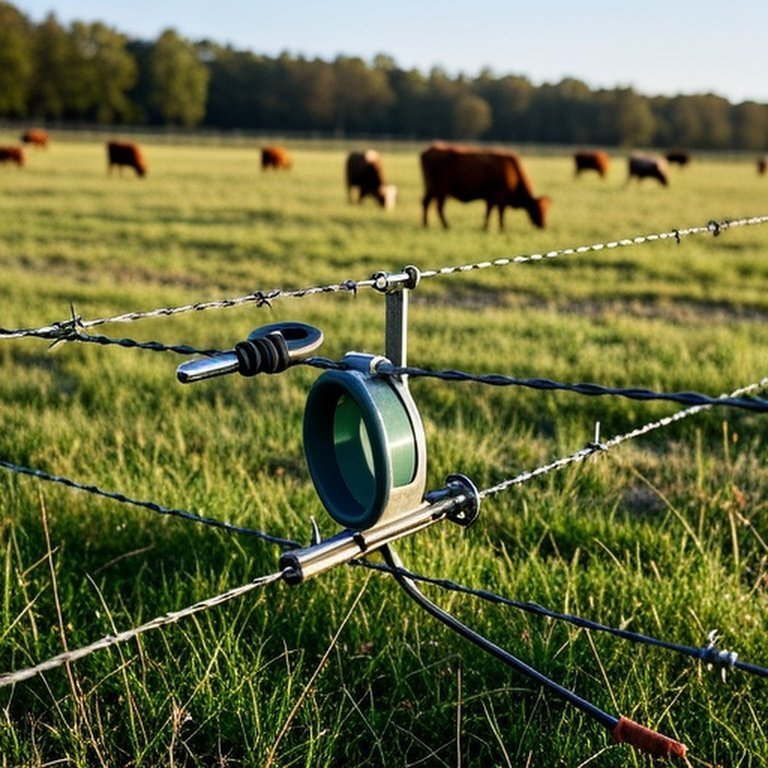 Documentary-style image of high-tensile wire fence in sunlit grassy pasture with tensioning tool, insulator, and grazing cattle, illustrating agricultural fencing maintenance and long-term costs