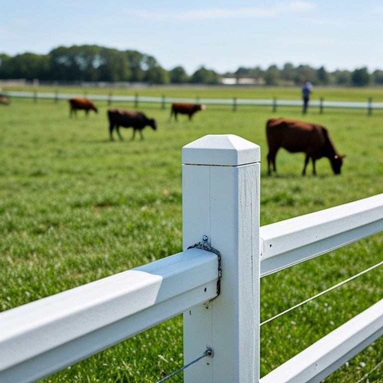 PVC fencing along pasture edge with grazing cattle in sunny rural farm setting, showing minor stress signs