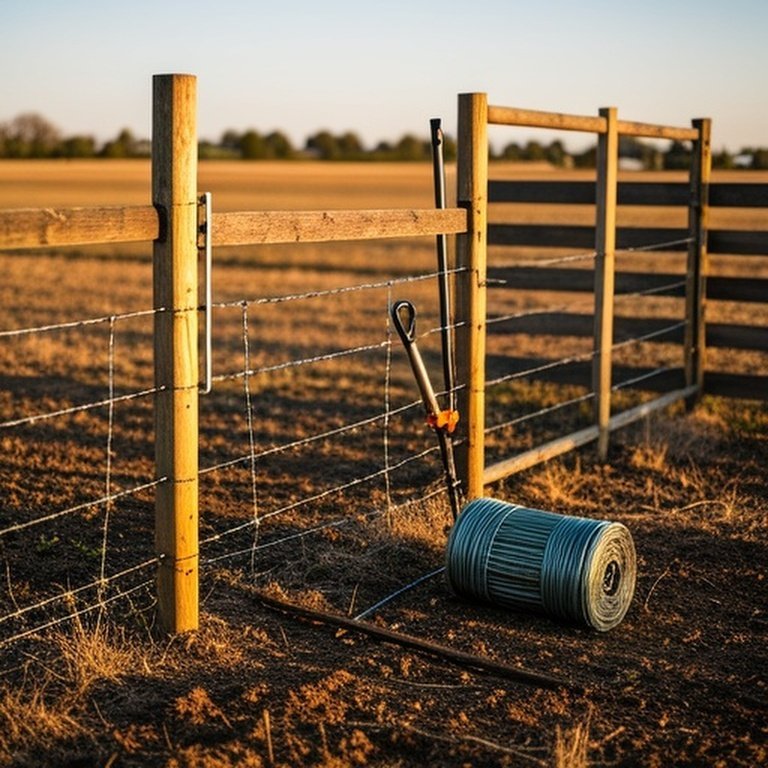 Realistic farm fence construction project in agricultural field at golden hour