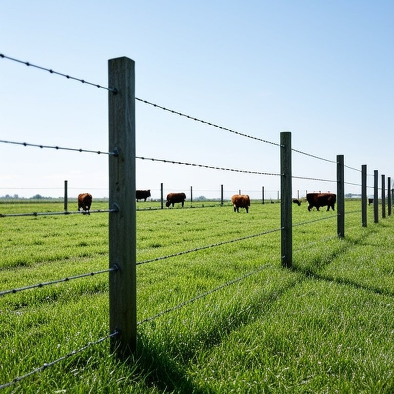 Realistic photograph of pastoral farm pasture with rotational grazing fencing system and cattle grazing under natural daylight Realistic photograph of pastoral farm pasture with rotational grazing fencing system and cattle grazing under natural daylight