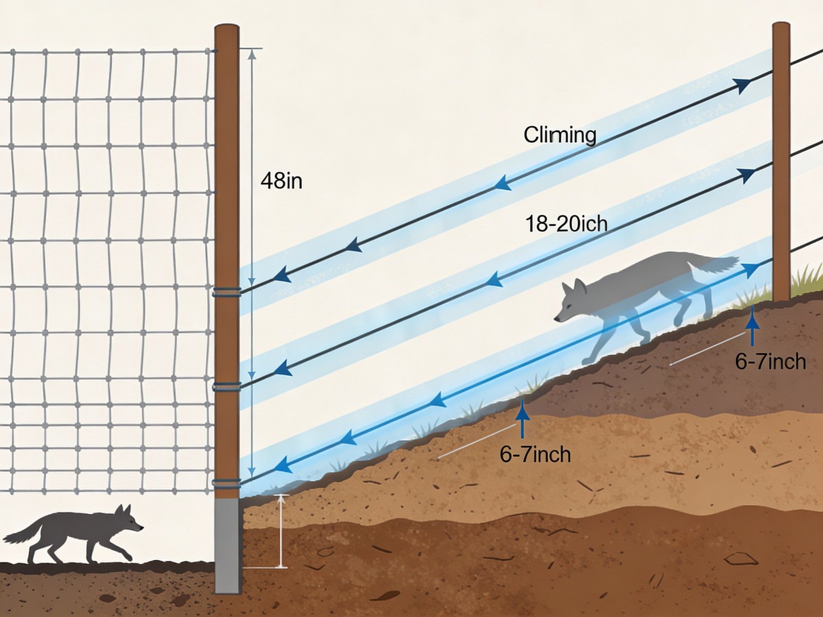 Technical diagram showing fence construction with electric offset strands