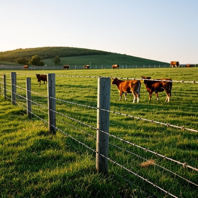 Rural farm landscape with three wire fence types for livestock containment