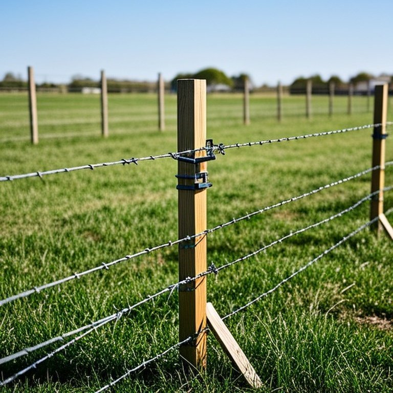 Partially installed woven wire fence in agricultural field for livestock containment, emphasizing proper corner bracing and tensioning setup