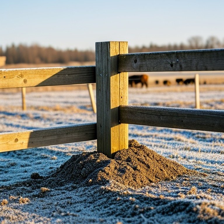 Rural farm fence installation in cold climate with gravel backfill and diagonal bracing for frost heave prevention