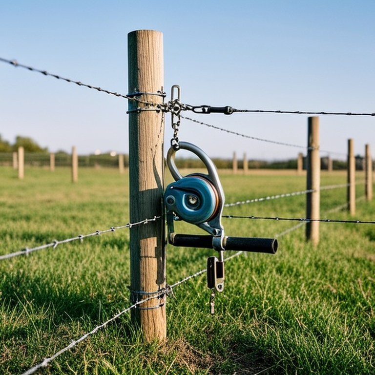 Documentary-style photograph of DIY wire fence setup on grassy farm pasture with wooden posts and hand winch