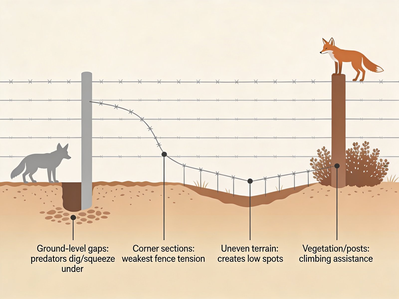 Predator entry points in livestock fencing