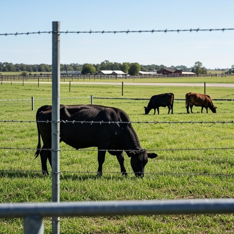 Realistic documentary-style photograph of well-maintained barbed wire fence surrounding rural agricultural pasture with adult cattle grazing