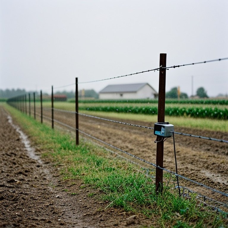 Realistic photograph of a well-maintained electric fence system on a farm during light rain