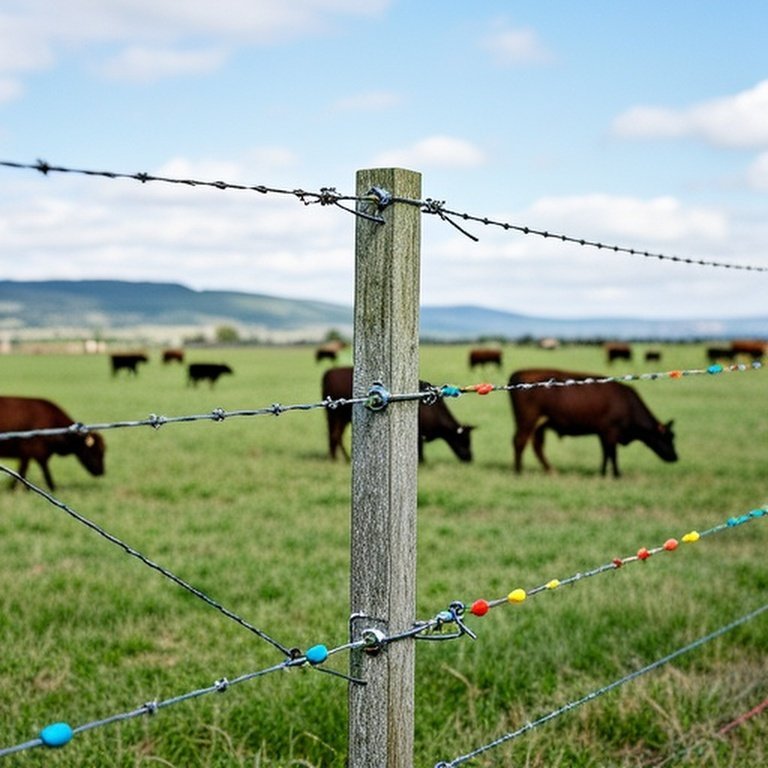 Professional documentary-style image of high-tensile wire fencing system in rural pasture, emphasizing safety through proper installation and grazing cattle at safe distance Professional documentary-style image of high-tensile wire fencing system in rural pasture, emphasizing safety through proper installation and grazing cattle at safe distance