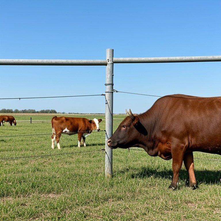 Wide-angle documentary-style rural farm scene with contrasting PVC fencing sections: well-maintained left for grazing calves vs. sagging right with leaning bull, illustrating livestock behavior and fencing performance