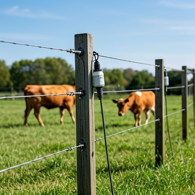 Properly installed permanent electric fence in sunny rural pasture with grazing cattle demonstrating safety