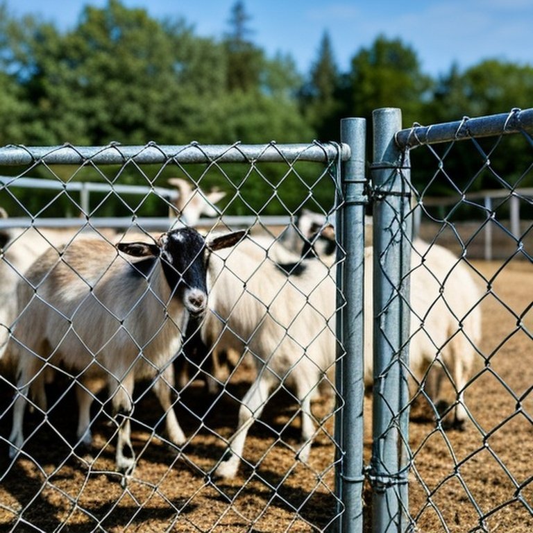 Welded wire mesh fence in well-maintained agricultural pen with metal posts, containing goats safely in controlled setting, highlighting proper installation for smaller livestock