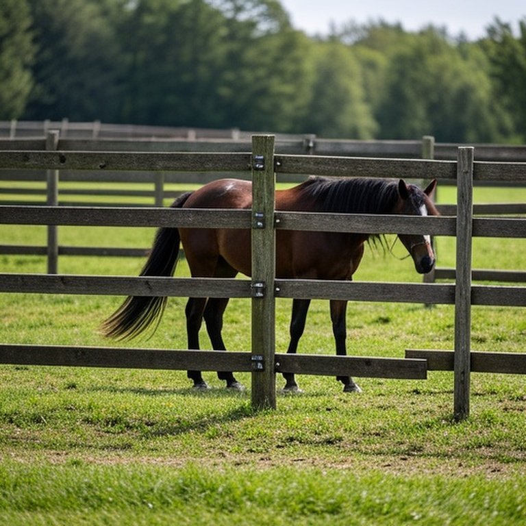 Realistic photograph of a well-maintained wooden fence enclosing a paddock with calm horses in a pastoral farm setting Realistic photograph of a well-maintained wooden fence enclosing a paddock with calm horses in a pastoral farm setting
