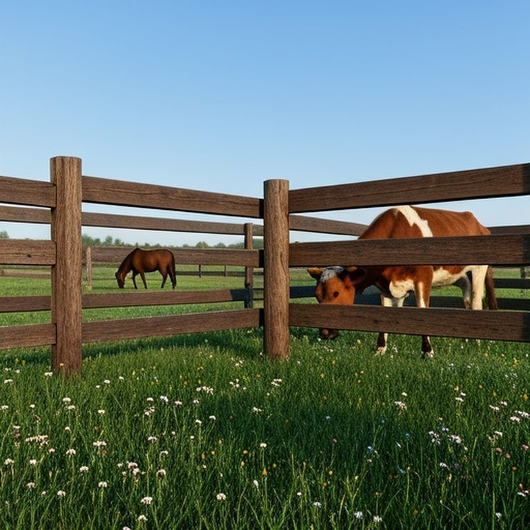 Side-by-side rural pasture scenes with post-and-rail fence (horse grazing) and board fence (cow nearby), natural daylight documentary photography Side-by-side rural pasture scenes with post-and-rail fence (horse grazing) and board fence (cow nearby), natural daylight documentary photography