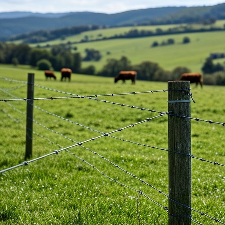 Realistic documentary-style photograph of temporary electric cross fencing in a pastoral landscape showcasing rotational grazing Realistic documentary-style photograph of temporary electric cross fencing in pastoral landscape for rotational grazing
