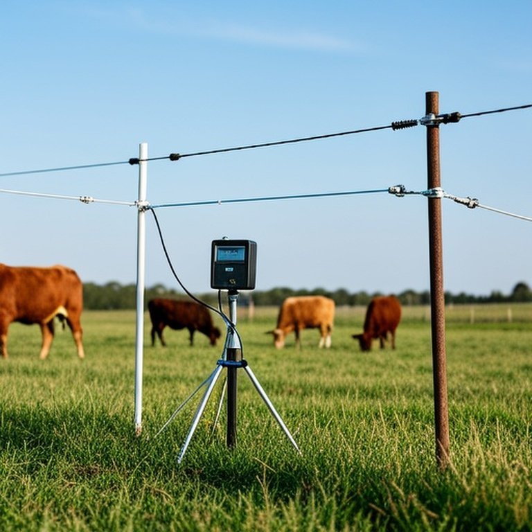 Realistic documentary-style pastoral farm pasture with temporary and permanent electric fencing systems, calm cattle grazing in natural sunlight Realistic documentary-style pastoral farm pasture with temporary and permanent electric fencing systems, calm cattle grazing in natural sunlight